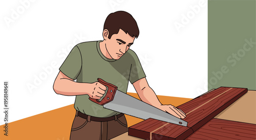 A man in a green shirt and brown pants saws a piece of wood on a table