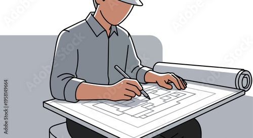 Person in grey shirt and cap drawing on blueprints, with rolled plans nearby