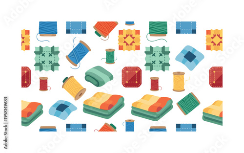 heritage quilting elements fabric squares stitches thread spools and folded blankets illustrated as cozy craft icons, flat vector smooth rounded shapes,
