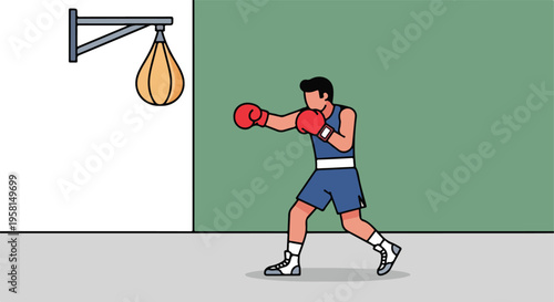 Boxer in blue shorts and red gloves practices with a speed bag