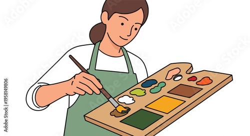 A smiling person in an apron holds a paintbrush and mixes paint on a palette
