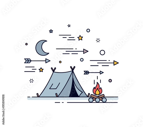 Night raid on enemy camp a small tent camp with a flickering campfire while arrows and motion streaks approach suggesting a sudden surprise attack. Minimalist