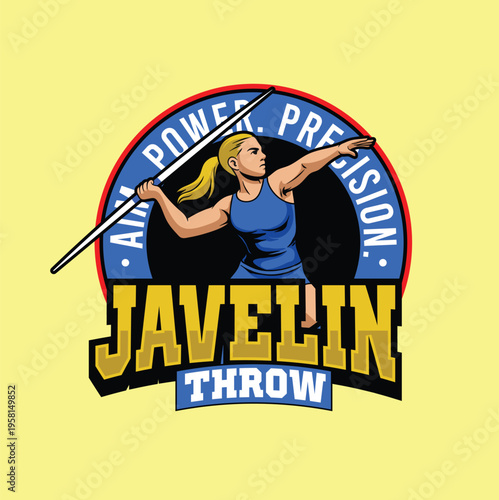 Detailed javelin thrower illustration with circular blue badge and "Power & Precision" typography