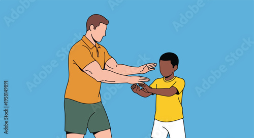 A man and a child interact with their hands in a playful or instructive manner
