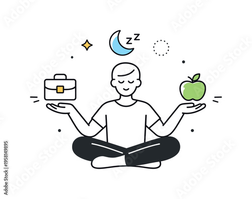 Mindful balance idea. A person holding simple icons of work, rest, and health evenly spaced around them, symbolizing conscious life balance. The illustration