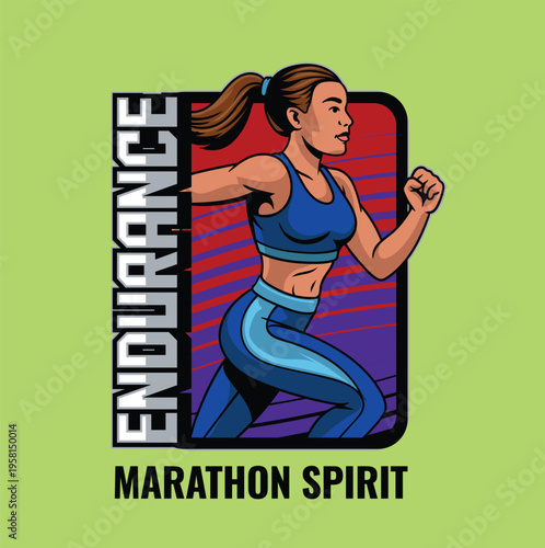Retro marathon runner illustration with "Endurance" text and vibrant purple striped background