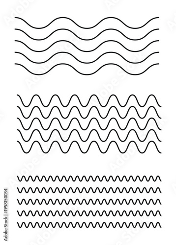 Wavy Zigzag Lines Set with Water Wave Shapes and Thin Line Background Vector Illustration