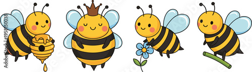 Cute bee characters set with honey hive crown and flower adorable cartoon insects vector illustration collection