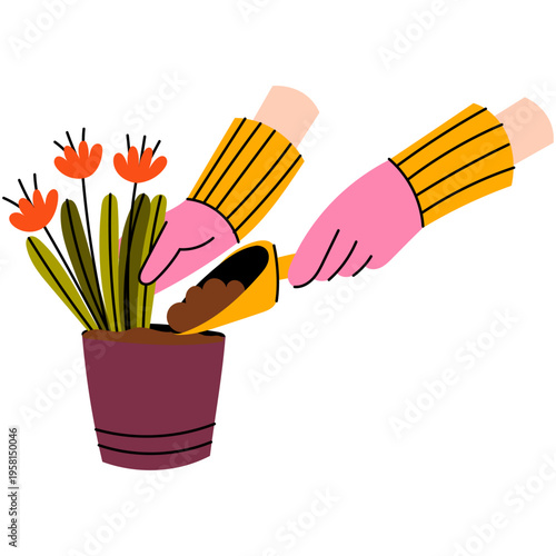 Planting Flower in Pot Flat Vector Illustration. Hands planting flower in pot with soil in flat style. Cute gardening scene with colorful design perfect for spring, home garden and plant care concepts