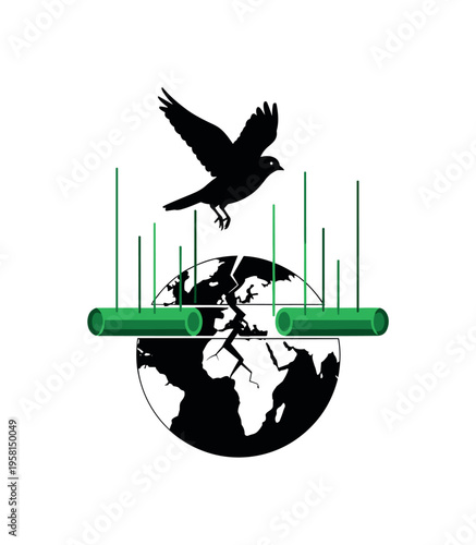 Black and white bird flying above cracked earth silhouette, intersected by green cylindrical shapes and thin vertical lines suggesting environmental imbalance,