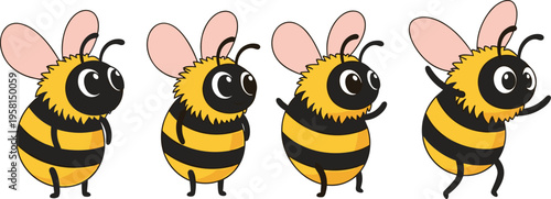 Cute bee characters walking set with funny cartoon insects side view vector illustration collection