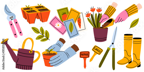 Gardening Tools and Planting Set. Gardening set with planting tools, seeds, seedlings and pots in flat style. Colorful collection perfect for spring gardening, hobby,home garden and eco lifestyle