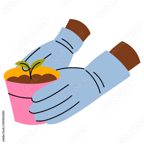 Seedling in Pot with Gardening Gloves Flat Vector Illustration. Young plant growing in pot held by hands in gloves. Gardening illustration perfect for spring planting and eco lifestyle concepts