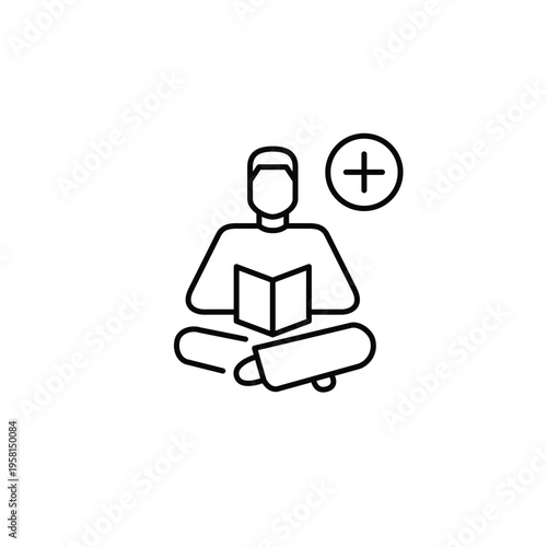 Man reading book and plus. Reading habit, knowledge gain. Pixel perfect, editable stroke vector icon