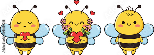 Cute bee characters with hearts and flowers kawaii love cartoon insects vector illustration set