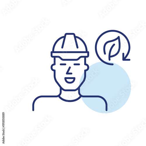 Man wearing hard hat, leaf and renew arrow. Sustainable construction and labor. Pixel perfect, editable stroke vector icon