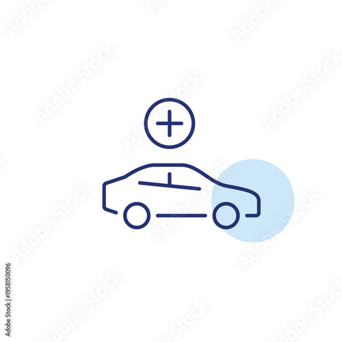 Car add with plus. Vehicle upgrade, transport option, ride access or mobility boost. Pixel perfect, editable stroke vector icon