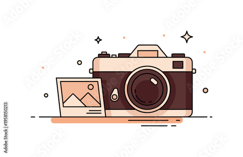 Sepia photography mood an old style camera beside a small printed photograph with warm tinted shadows and tiny sparkle icons suggesting classic film memories