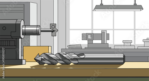 Metal drill bit and machinery in a workshop setting