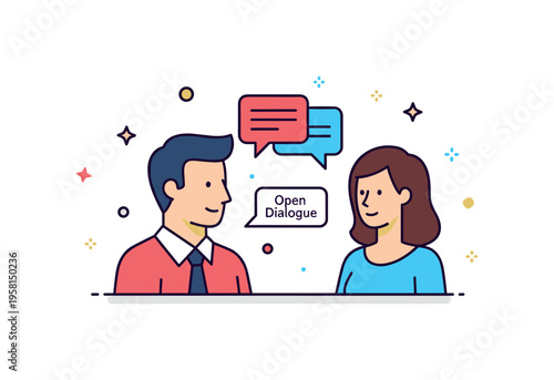 Employee feedback and communication manager listening to an employee while speech bubbles appear between them. A small label Open Dialogue emphasizes trust and