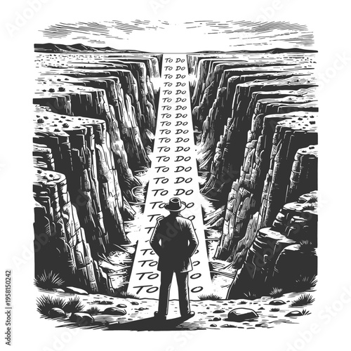 man facing a massive canyon filled with an endless to-do list, overwhelm, workload pressure, and procrastination sketch engraving generative ai vector illustration. Scratch board. Black and white.