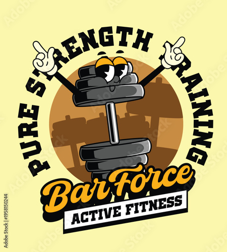 Retro dumbbell mascot character with gloved hands and "Pure Strength Training" badge for gym apparel