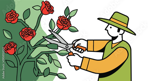 Gardener pruning rose bush with shears, stylized illustration