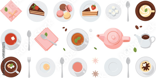 Top view dessert and coffee set with cakes macarons tea and tableware, cozy cafe menu elements flat vector illustration collection for bakery design