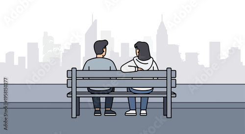 A couple sits on a bench overlooking a city skyline