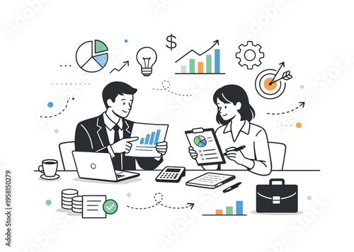 Corporate finance strategy. Professionals reviewing financial charts and reports at a clean office desk, calm decision-making and strategic focus. Abstract