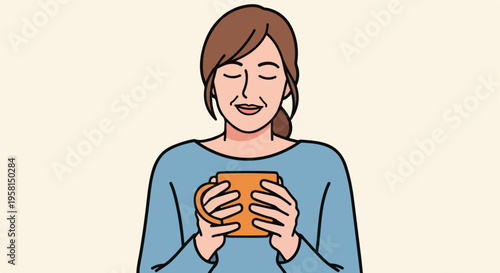 Smiling woman holding a warm mug of beverage against a cream background