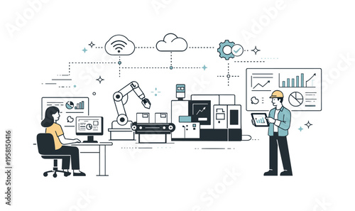 Industry . smart factory. Engineers monitoring connected machines through dashboards and data lines inside a clean factory space. A calm editorial scene about