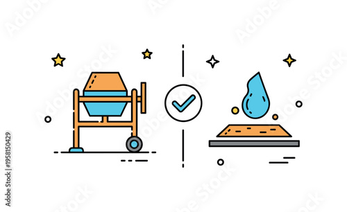 Modern construction workflow badge featuring a concrete mixer icon paired with a checkmark accent and simple slab outline, expressing efficiency and project