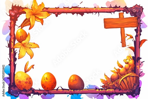 Postcard design featuring rusted frame and festive Easter decorations