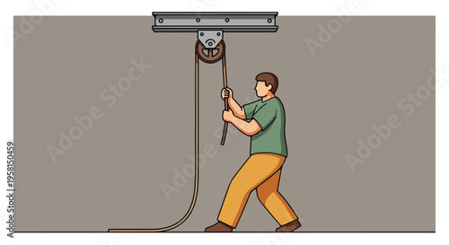 Man pulling rope on pulley system against grey background