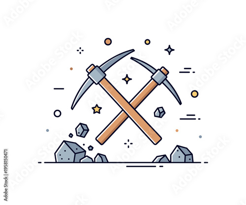 Pickaxe mining tool concept illustrated by a crossed pickaxe and small rock fragments, symbolizing excavation, hard work, and resource extraction. The compact