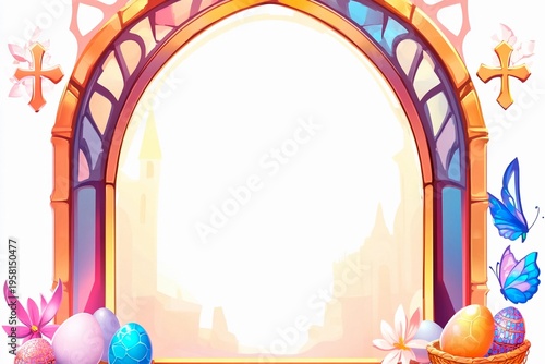Easter postcard design featuring gothic cathedral arches and colorful eggs