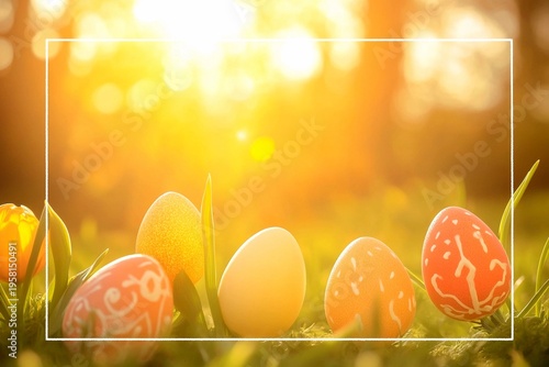 Colorful easter crowns with flowers and eggs in a sunny spring garden
