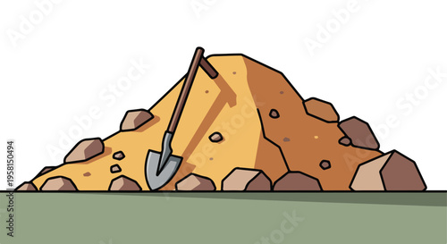 A cartoon illustration of a pile of dirt and rocks with a shovel