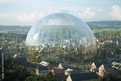 Transparent dome encases town surrounded by mountains and greenery