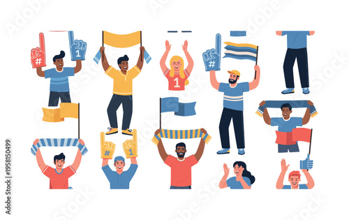 sports fans cheering with foam fingers, flags, banners and clapping people in playful layout, seamless pattern, repeating pattern, surface design, textile