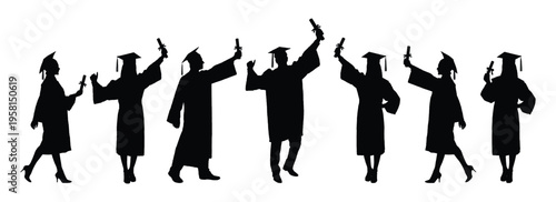 Group young man and woman college friends wearing graduation cap and gown raising arms holding diplomas in different poses isolated silhouette on white background vector illustration.