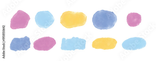 Set of soft watercolor Spots and Blobs, pastel Shapes in pink blue yellow tones. Abstract hand painted stains isolated. Vector illustration for backgrounds, cards, design