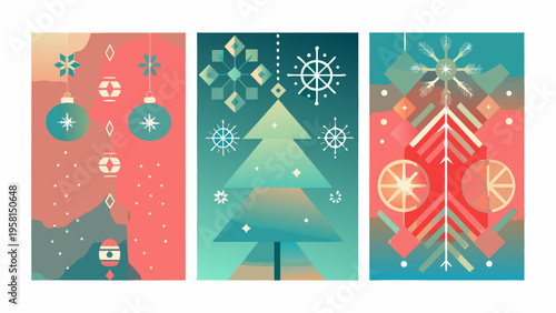 Festive geometric christmas patterns in a vertical triptych design
