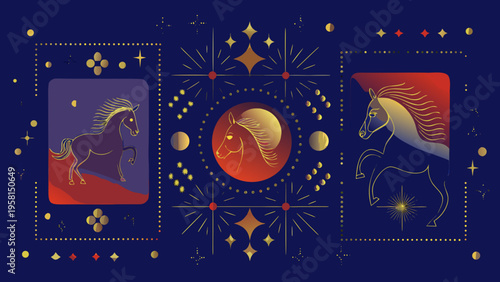 Three stylized horses depicted within ornate geometric frames and celestial elements