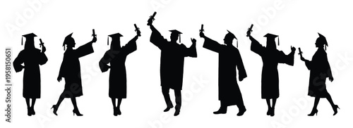 Group young man and woman college friends wearing cap and gown raising arms holding diplomas celebrating graduation in different poses silhouettes on white background vector illustration.