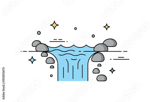 Flowing water stream a smooth ribbon of water gently moving between small rounded stones while soft wave lines and sparkles suggest calm natural movement.