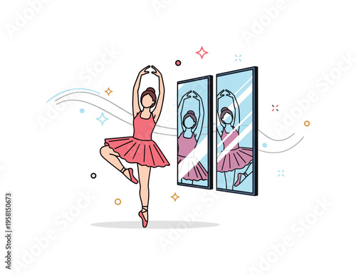 Solo ballet rehearsal featuring a dancer stretching arms upward with mirrored panels capturing the reflection. Gentle motion curves and subtle star accents