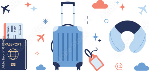 Travel essentials set with suitcase, passport, tickets and neck pillow, tourism and vacation items in flat cartoon style vector illustration