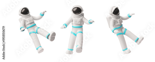 A 3D set of floating characters in white astronaut suits, in different poses from different angles.